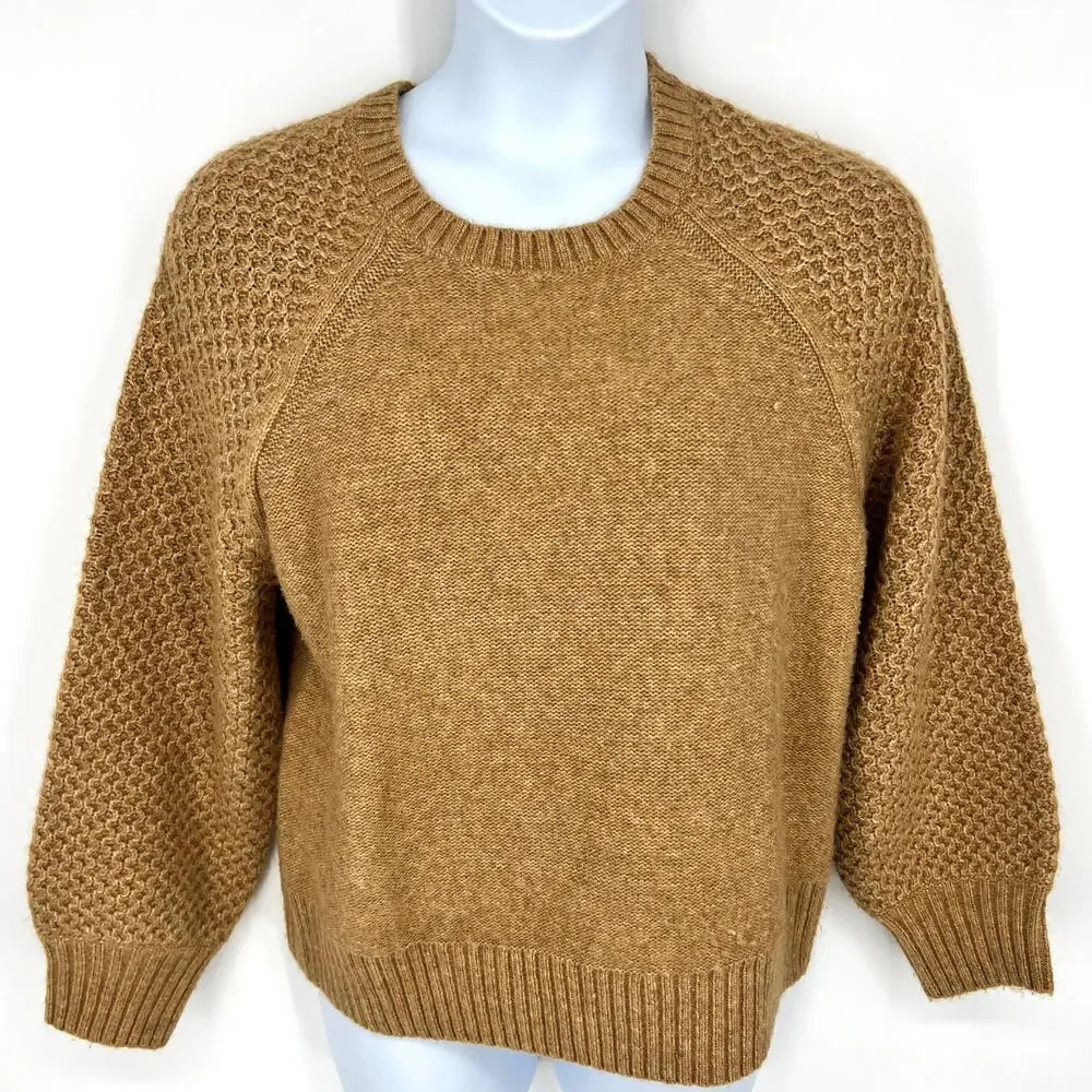 J. Crew Reimagined Wool Alpaca Blend Honeycomb Knit Tobacco Brown Sweater Sz XL
